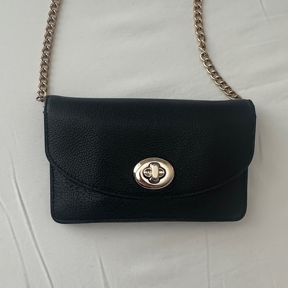 Coach Black Leather Crossbody with Gold Chain